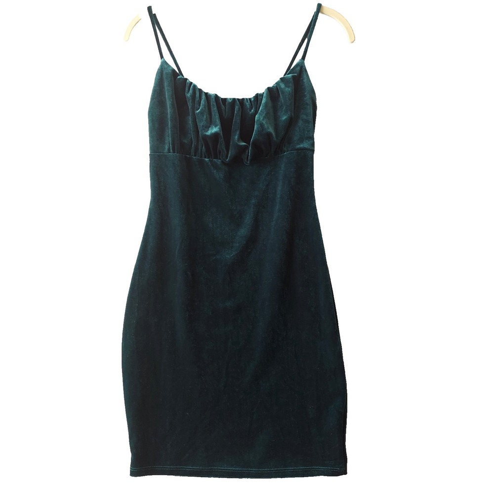 Vtg Mistyrose Velvet Bodycon Mini Dress‎ M Green Y2K Goth Whimsigoth Vamp Ruched